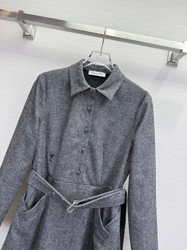 CD 25SS Long Dress With A Fabric Belt Gray Wool 306573