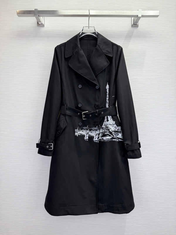 CD 25SS Eiffel Tower Long Trench Coat Black Cotton 306565