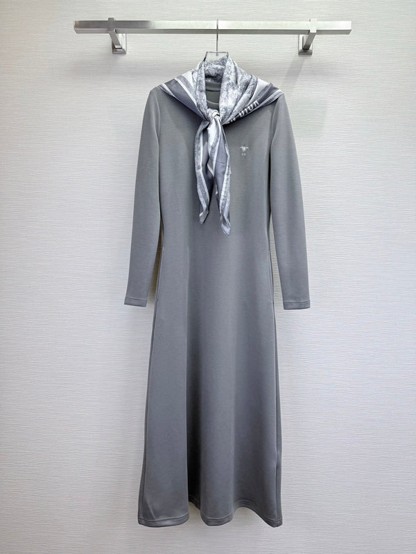 CD 25SS Bee Embroidery Dress Matching Printed Silk Scarf Gray Cotton 306555