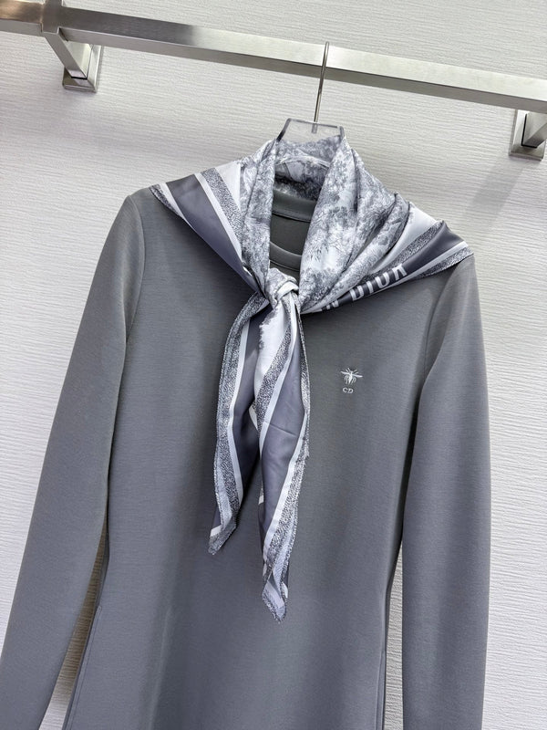 CD 25SS Bee Embroidery Dress Matching Printed Silk Scarf Gray Cotton 306555