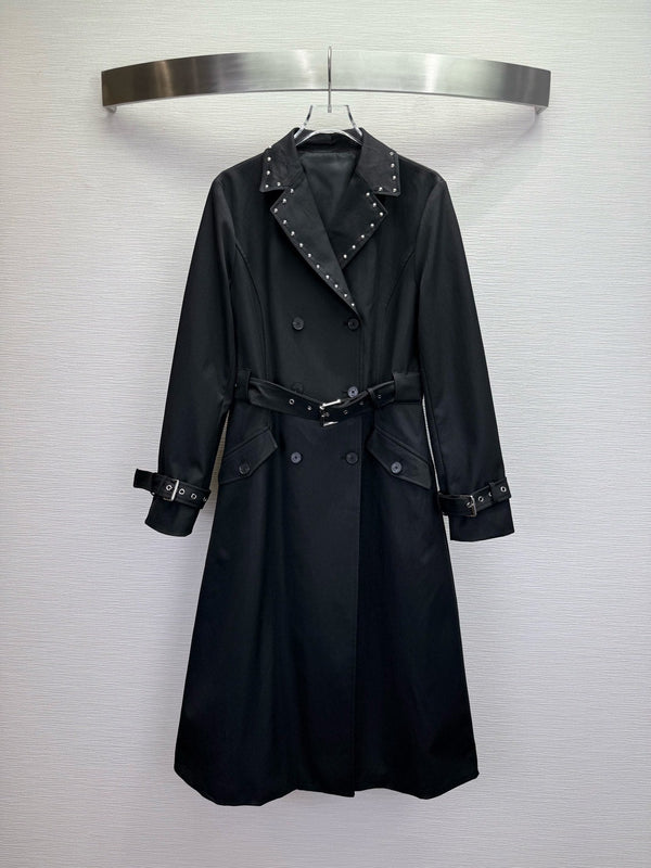 CD 25SS Trench lungo con colletto borchiato e ricamo ape in cotone nero 306542