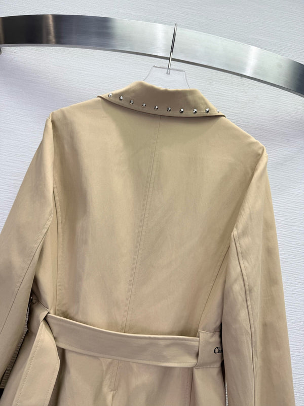 CD 25SS Long Trench Coat Collar Rivets and Bee Embroidery Beige Cotton 306540