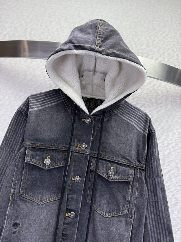 CD 25SS Polar Fleece Composite Denim Hooded Jacket Dark Gray Cotton 306527