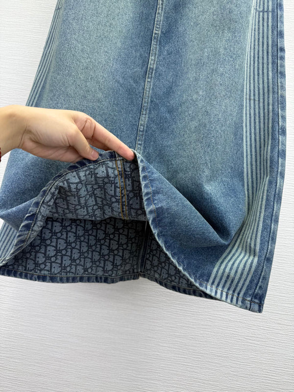 CD 25SS Laser Printed Stripe Pattern Denim Skirt Blue Cotton 306525