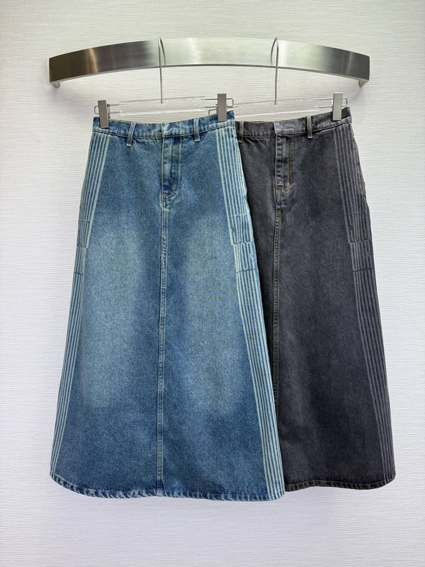 CD 25SS Laser Printed Stripe Pattern Denim Skirt Blue Cotton 306525
