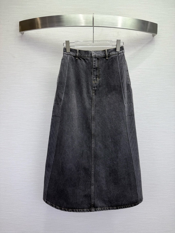 CD 25SS Laser Printed Stripe Pattern Denim Skirt Dark Gray Cotton 306522