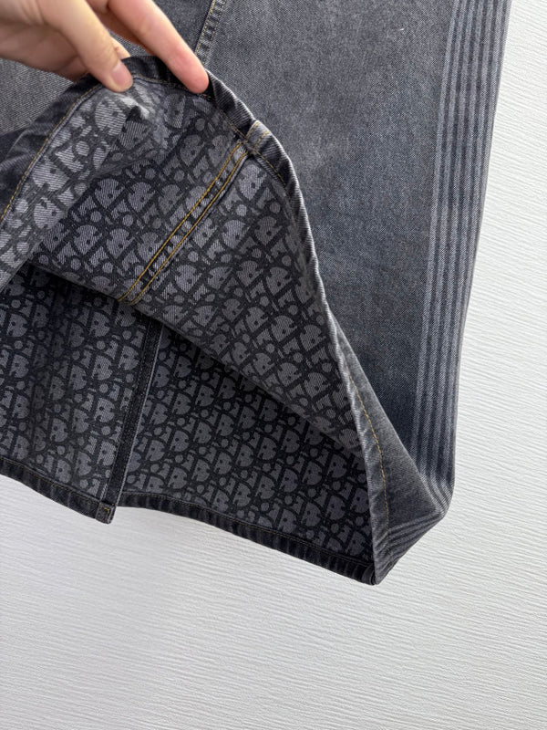 CD 25SS Laser Printed Stripe Pattern Denim Skirt Dark Gray Cotton 306522