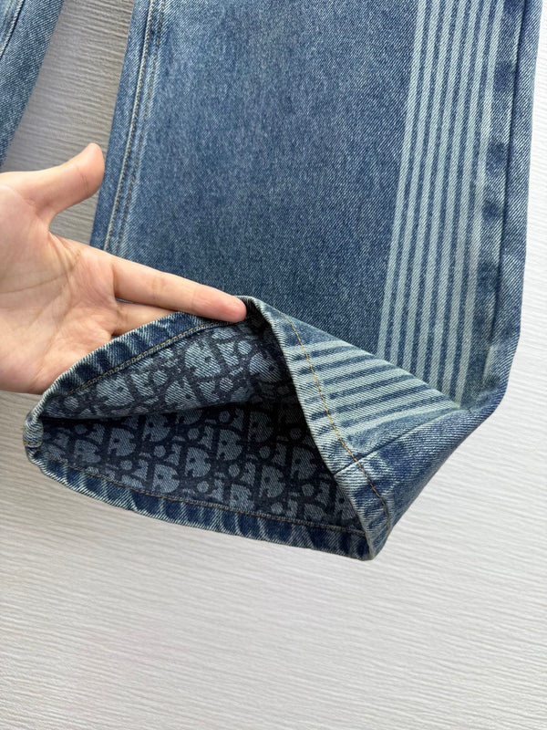 CD 25SS Laser Printed Stripe Pattern Wide-Leg Jeans Blue Cotton 306516