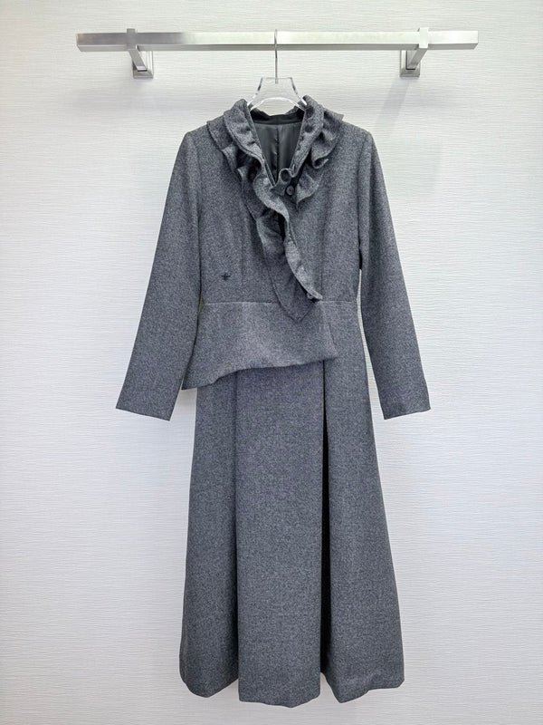 CD 25SS Ruffled V-neck Dress Gray Wool 306506