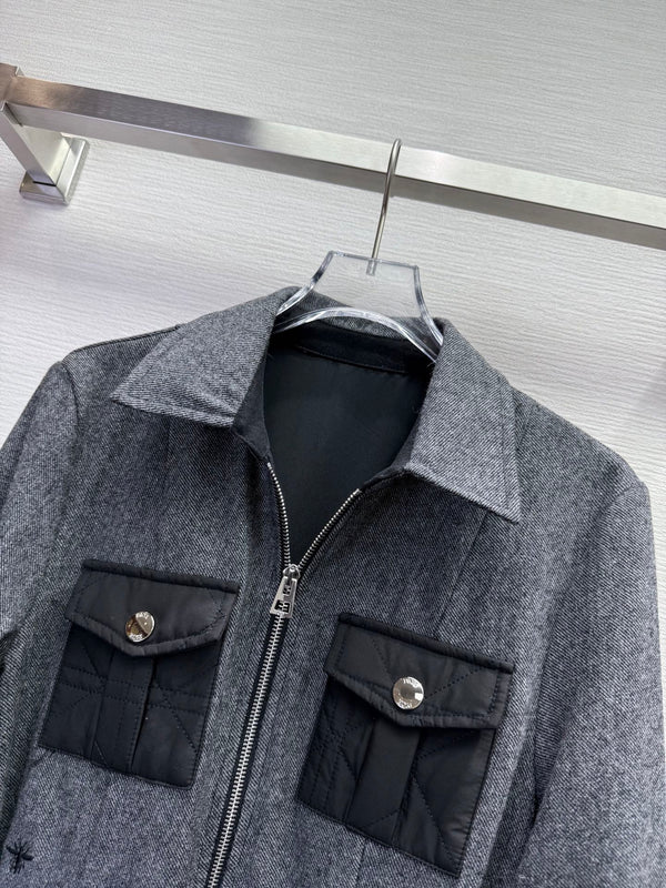 CD 25SS Lapel Middle Zipper Guilted Four Pockets Contrast Color Dress Gray Wool 304163