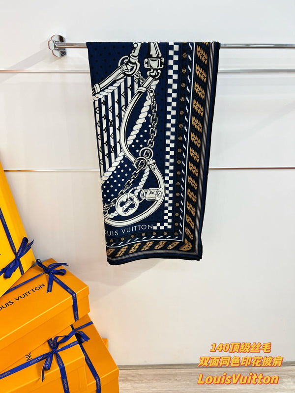 LV OCEAN BANDANA 140 Double-Sided Silk and Wool Scarf 839796