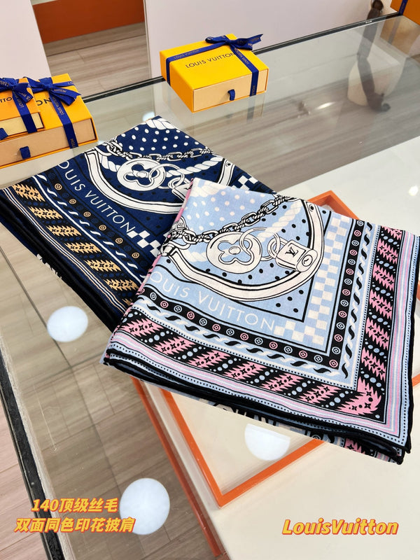 LV OCEAN BANDANA 140 Double-Sided Silk and Wool Scarf 839795