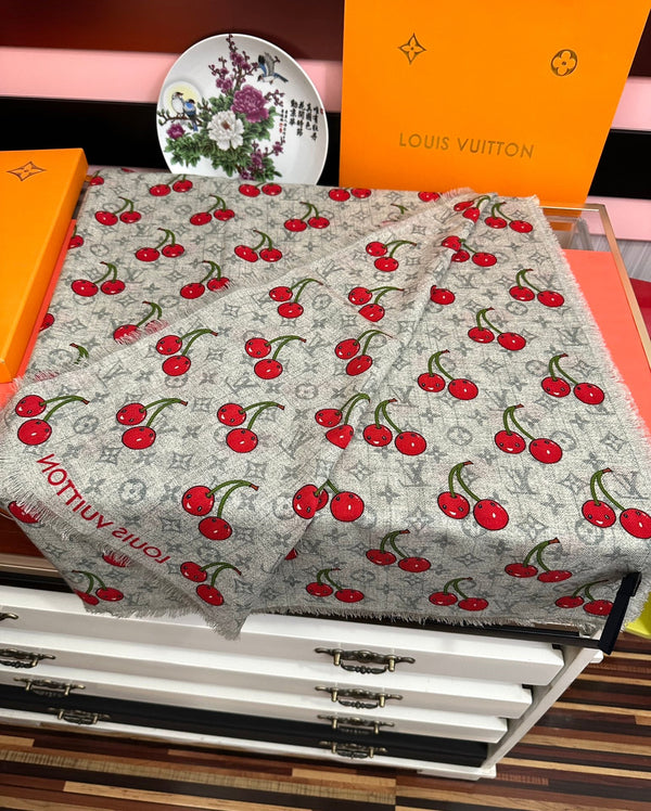 LV Double-Sided Cherry Square Scarf 140cm Gray Silk Cashmere 839717