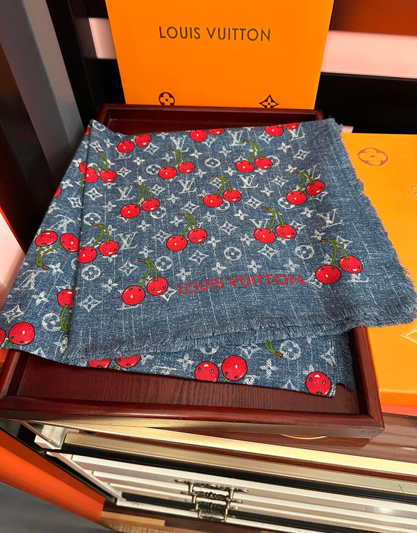 LV Double-Sided Cherry Square Scarf 140cm Blue Silk Cashmere 839716