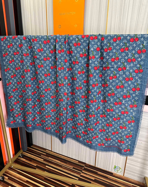 LV Double-Sided Cherry Square Scarf 140cm Blue Silk Cashmere 839716