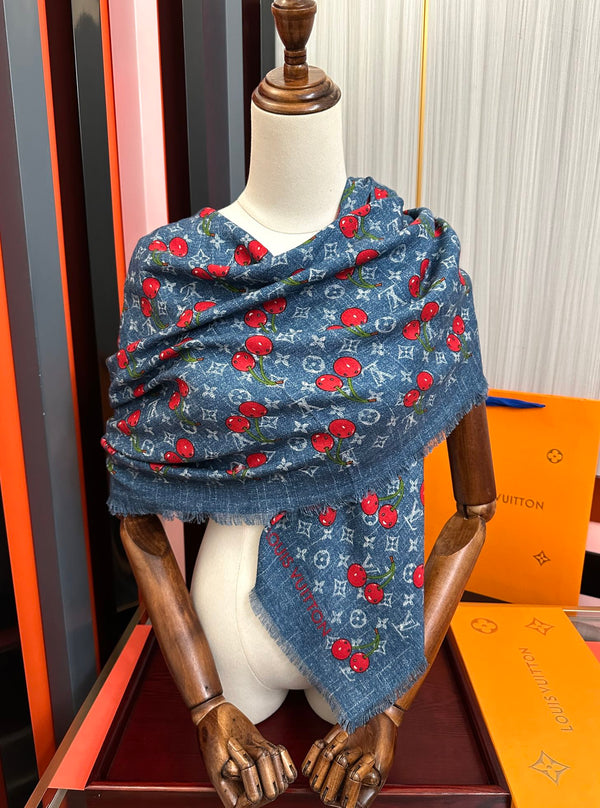 LV Double-Sided Cherry Square Scarf 140cm Blue Silk Cashmere 839716