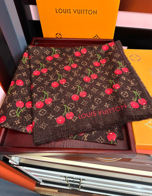 LV Double-Sided Cherry Square Scarf 140cm Brown Silk Cashmere 839715