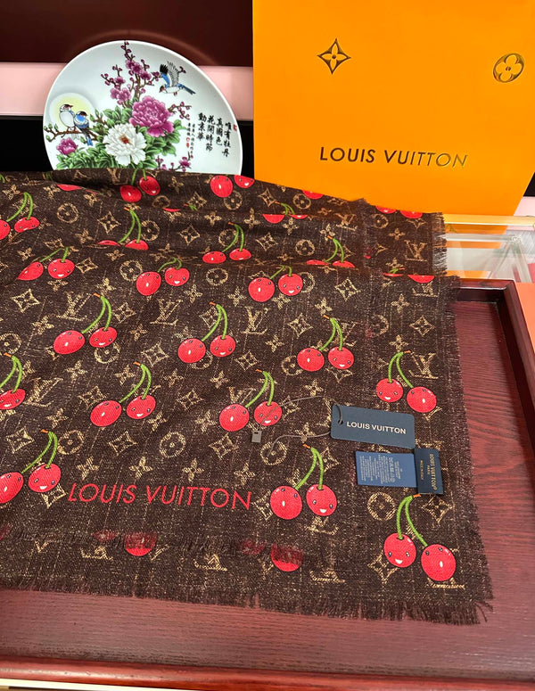 LV Double-Sided Cherry Square Scarf 140cm Brown Silk Cashmere 839715
