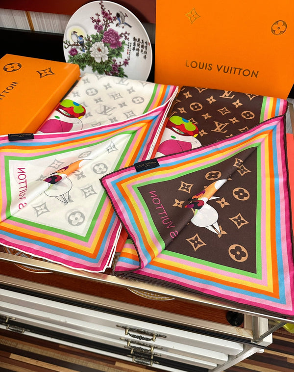 LV Double-Sided Square Scarf 90cm White Silk 839686