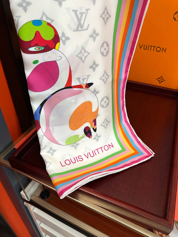 LV Double-Sided Square Scarf 90cm White Silk 839686