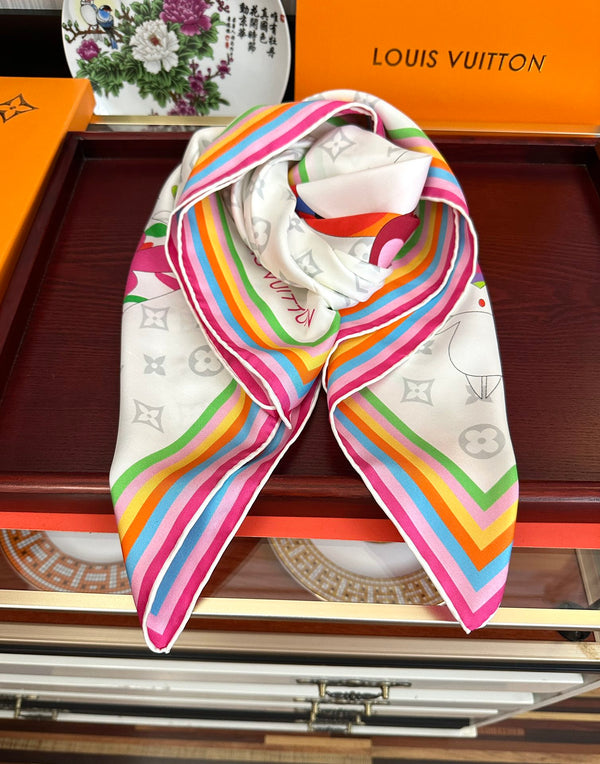 LV Double-Sided Square Scarf 90cm White Silk 839686