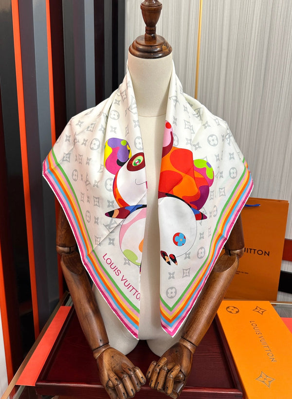 LV Double-Sided Square Scarf 90cm White Silk 839686