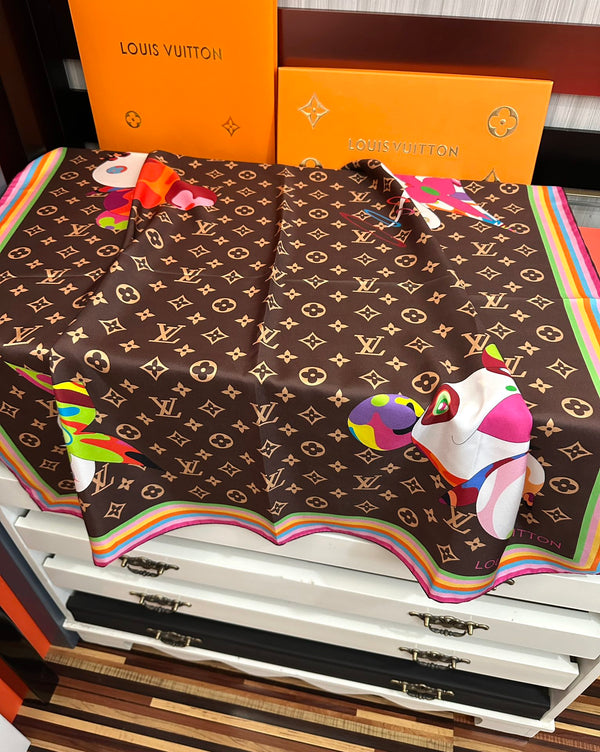 LV Double-Sided Square Scarf 90cm Dark Brown Silk 839685