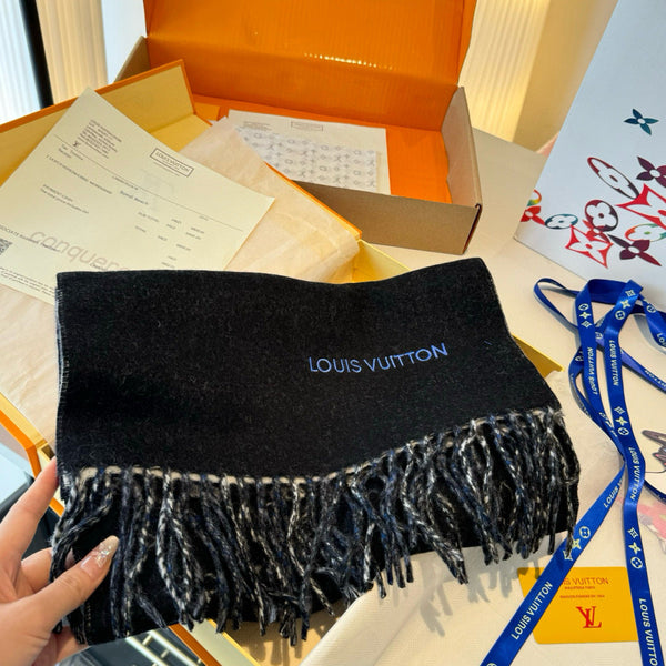 LV Double-Sided Plaid Scarf Black Wool Cashmere 839567