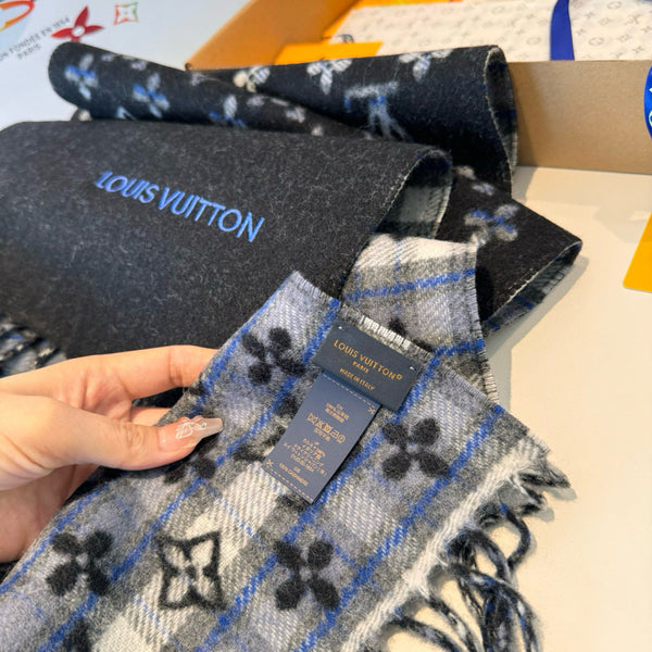 LV Double-Sided Plaid Scarf Black Wool Cashmere 839567