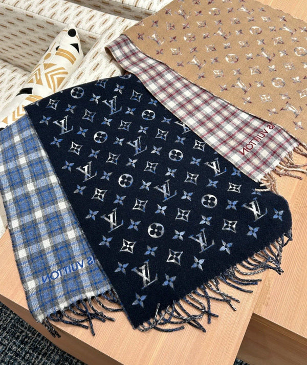 LV Double-Sided Plaid Scarf Black Wool Cashmere 839567