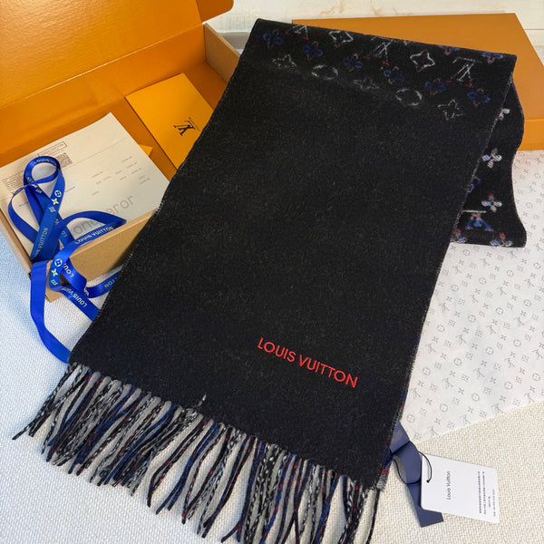 LV Double-Sided Gradient Plaid Scarf Black Wool Cashmere 839549