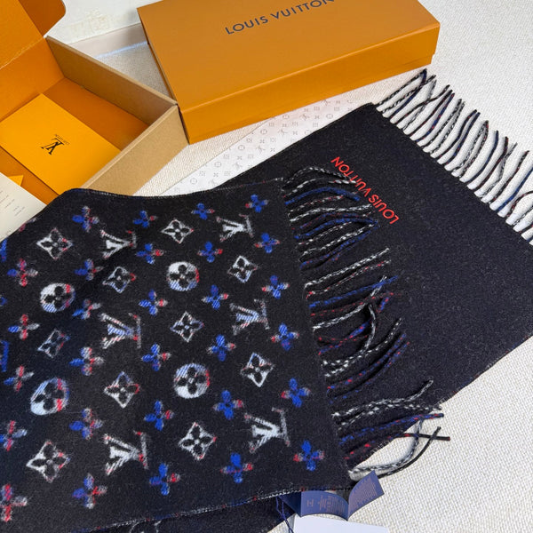 LV Double-Sided Gradient Plaid Scarf Black Wool Cashmere 839549