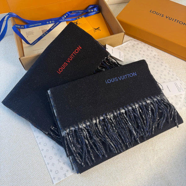 LV Double-Sided Gradient Plaid Scarf Black Wool Cashmere 839549