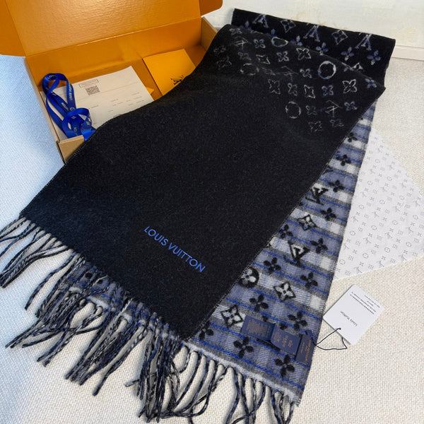 LV Double-Sided Gradient Plaid Scarf Black Wool Cashmere 839548