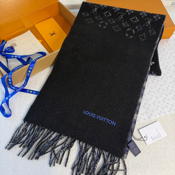 LV Double-Sided Gradient Plaid Scarf Black Wool Cashmere 839548