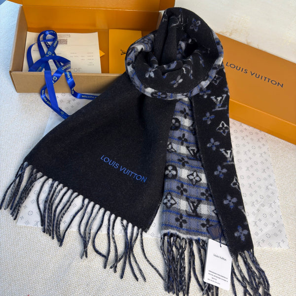 LV Double-Sided Gradient Plaid Scarf Black Wool Cashmere 839548