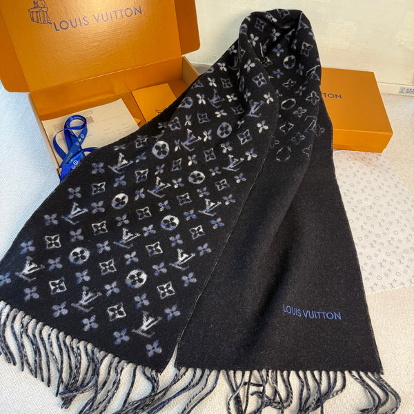 LV Double-Sided Gradient Plaid Scarf Black Wool Cashmere 839548