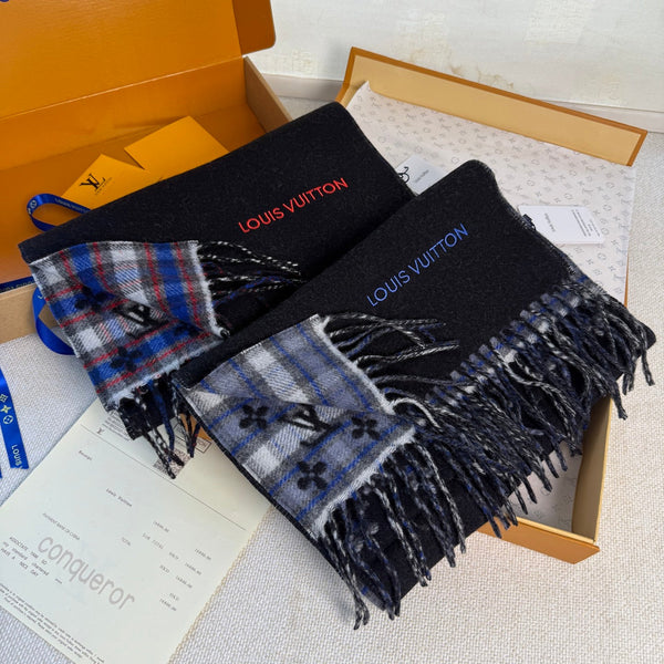 LV Double-Sided Gradient Plaid Scarf Black Wool Cashmere 839548