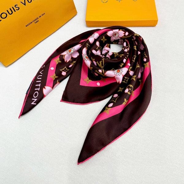 LV x TM MONOGRAM CHERRY BLOSSOM DOUBLE-SIDED BLACK SILK SCARF 839487