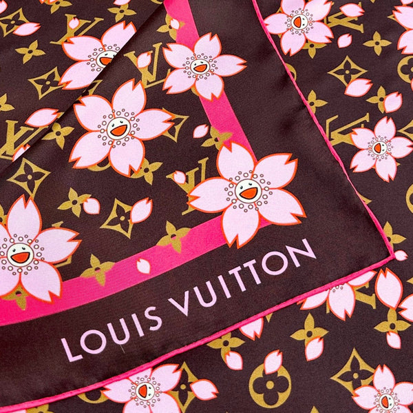 LV x TM MONOGRAM CHERRY BLOSSOM DOUBLE-SIDED BLACK SILK SCARF 839487