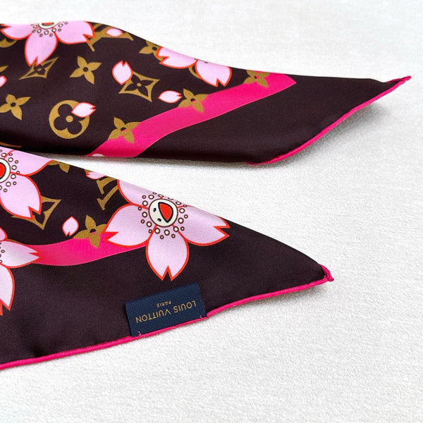 LV x TM MONOGRAM CHERRY BLOSSOM DOUBLE-SIDED BLACK SILK SCARF 839487