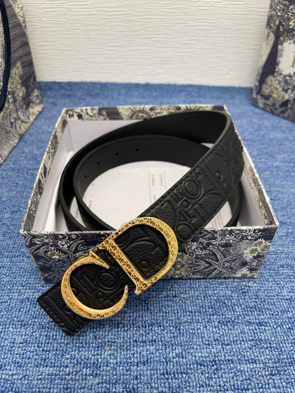 CD Belt 35mm Kumo Cannage Pattern Black Leather Gold Buckle