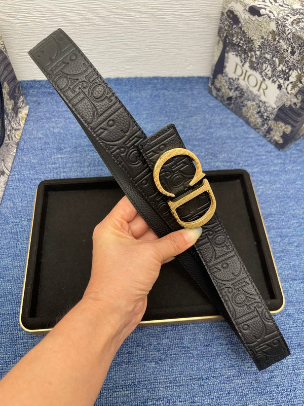 CD Belt 35mm Kumo Cannage Pattern Black Leather Gold Buckle