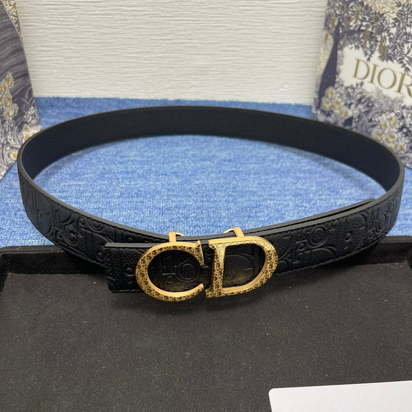 CD Belt 35mm Kumo Cannage Pattern Black Leather Gold Buckle