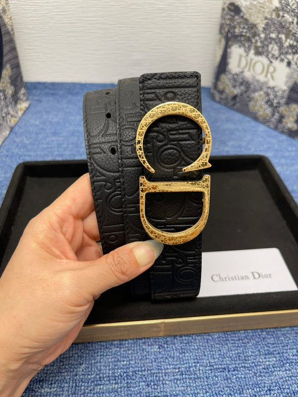 CD Belt 35mm Kumo Cannage Pattern Black Leather Gold Buckle