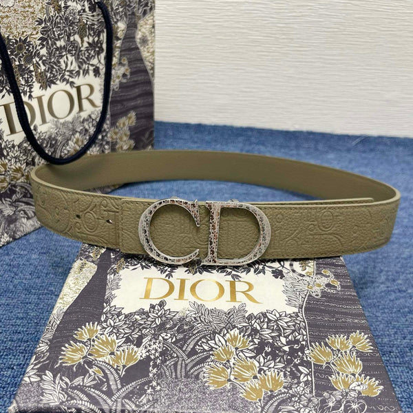 CD Belt 35mm Kumo Cannage Pattern Olive Green Leather Silver Buckle