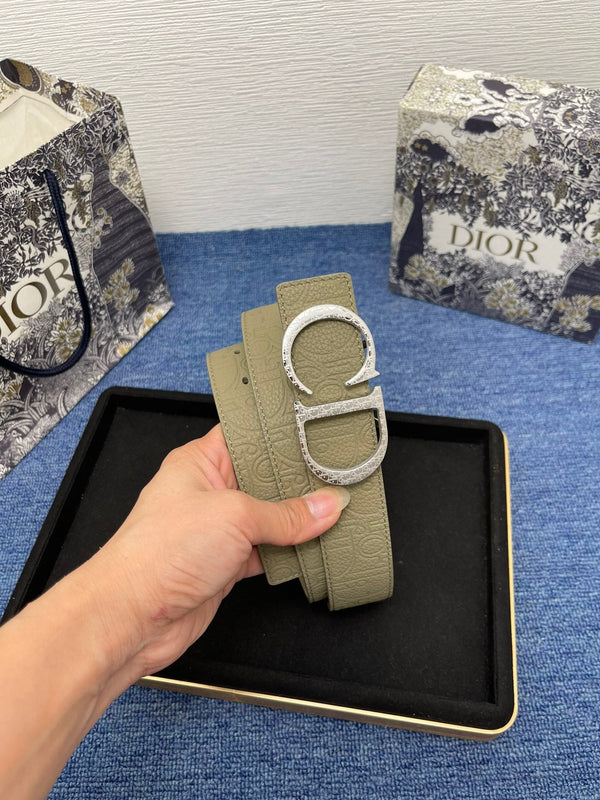 CD Belt 35mm Kumo Cannage Pattern Olive Green Leather Silver Buckle