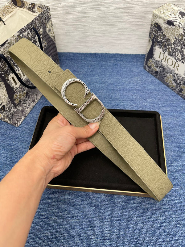 CD Belt 35mm Kumo Cannage Pattern Olive Green Leather Silver Buckle