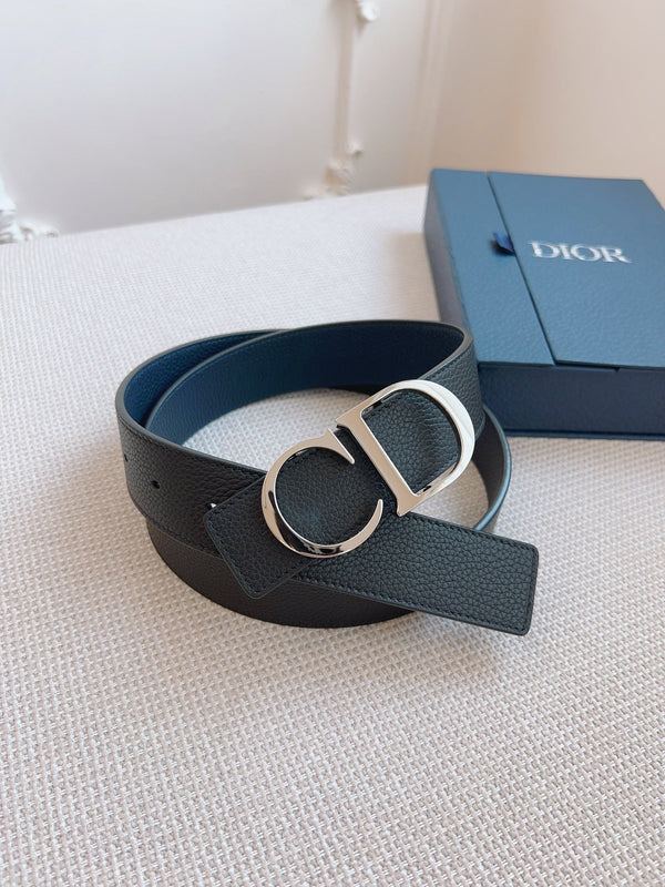 CD Belt 35mm Black Blue Leather Silver Logo Buckle