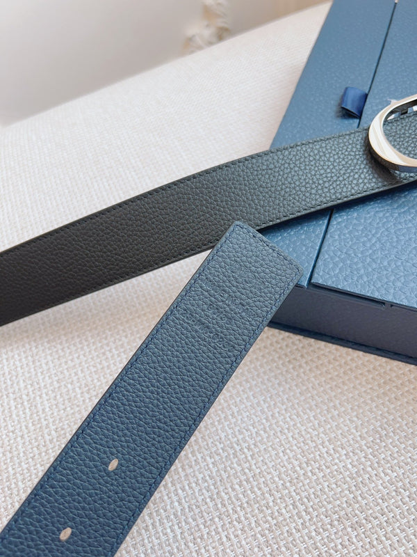 CD Belt 35mm Black Blue Leather Silver Logo Buckle